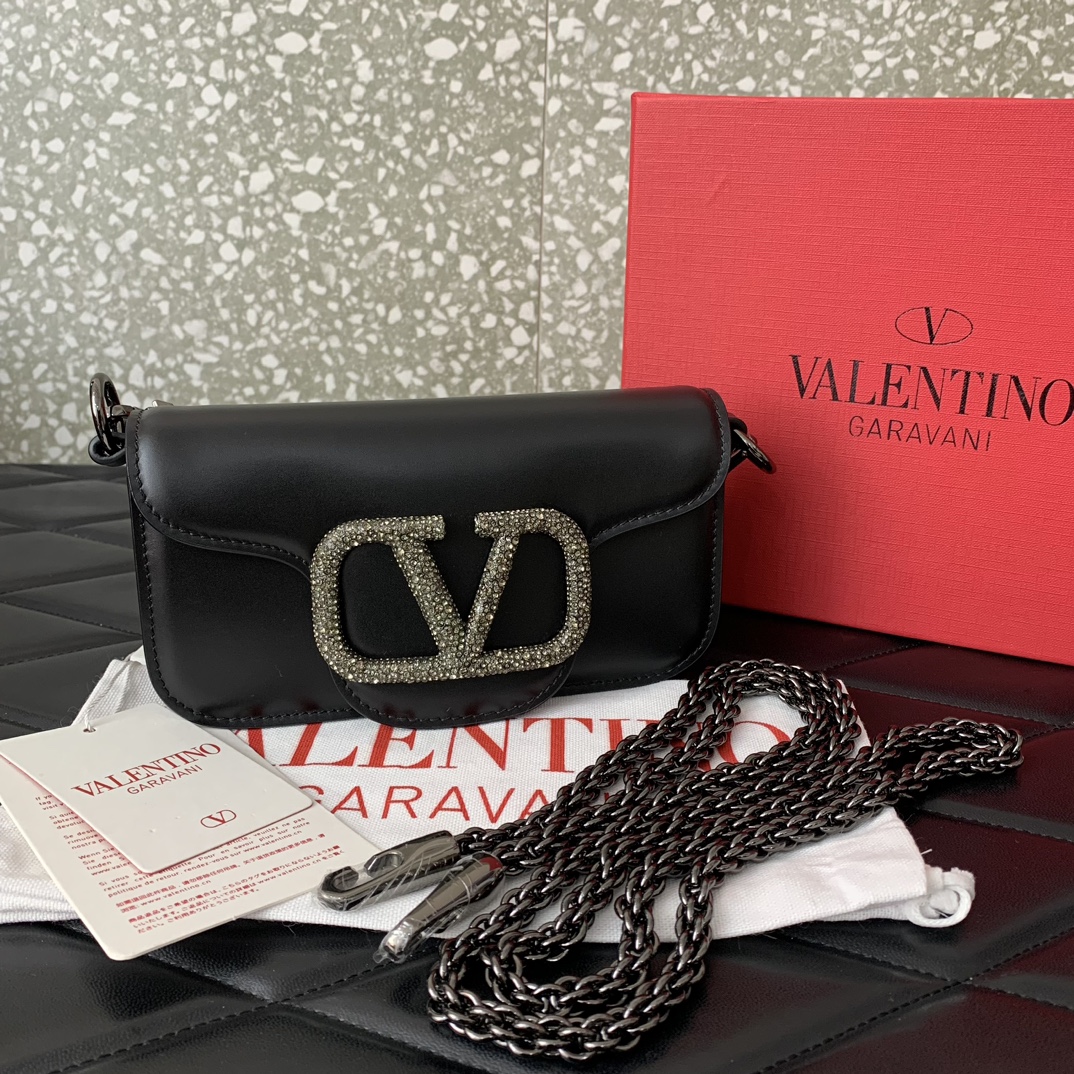 Valentino Garavani Loco Small Shoulder Bag in Black Calfskin Leather 